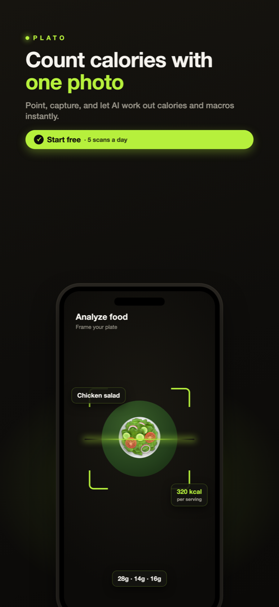 Plato home screen: count calories from one photo