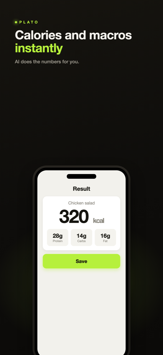 Plato result screen showing 320 kcal and macros