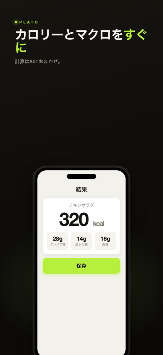 320 kcalとマクロを表示するPlatoの結果画面