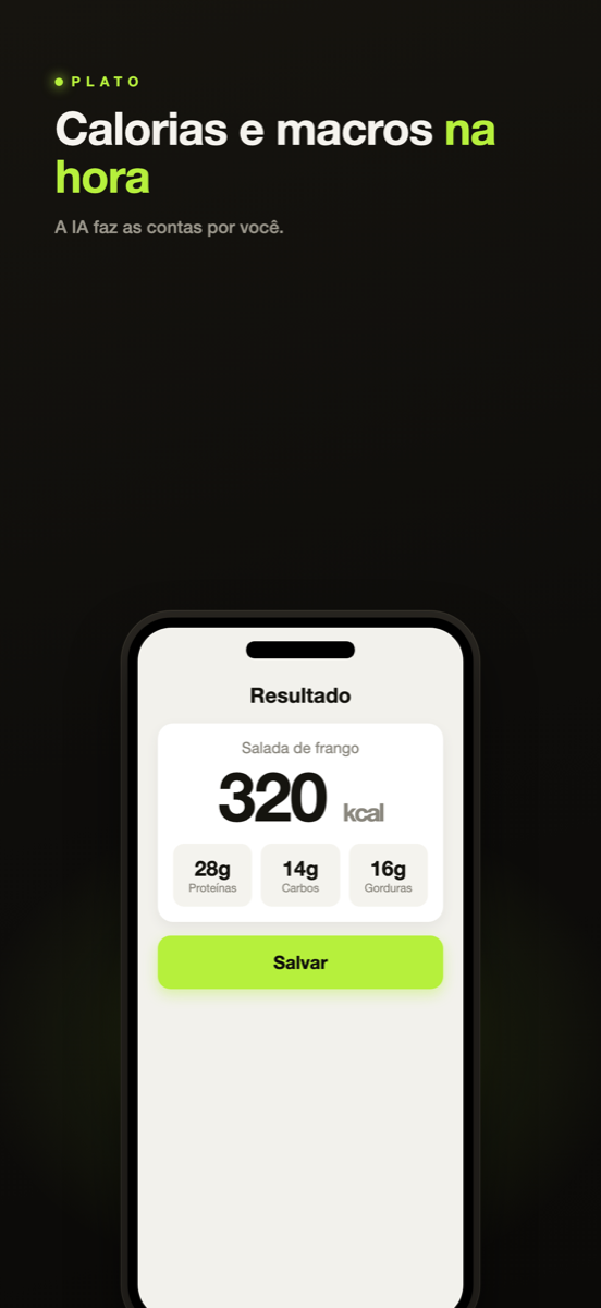 Tela de resultado do Plato mostrando 320 kcal e macros